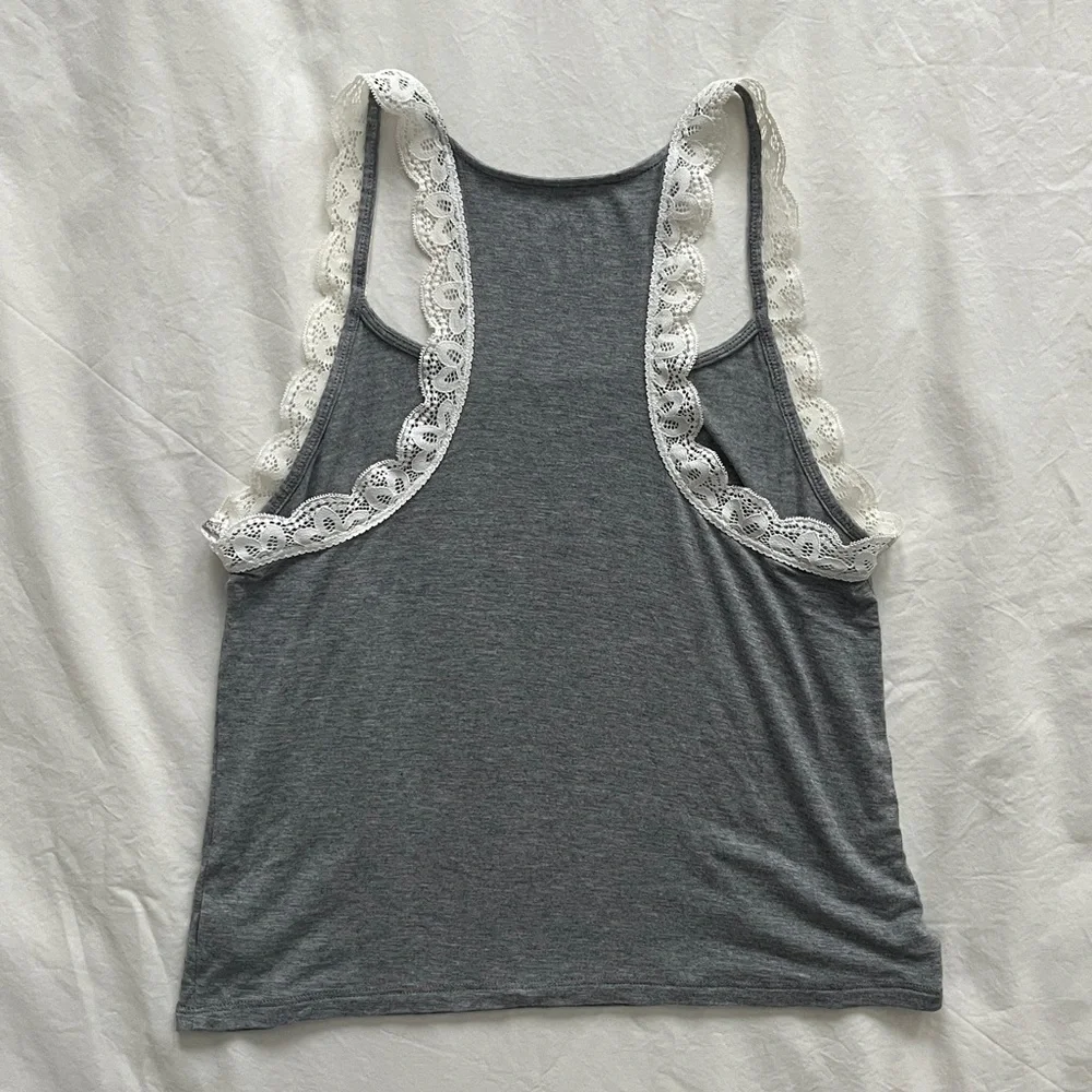 aerie Grey and White Floral Lace Trim Pajama Tank Top - Picture 2 of 5